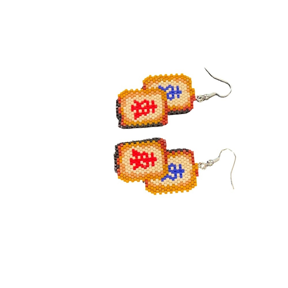 Hand Crafted Beaded Mahjong Tile Earrings - Picture 5 of 6
